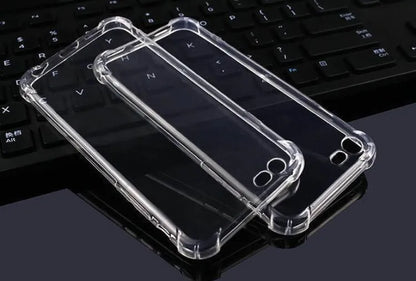Clear TPU shockproof iPhone case on a smartphone, showing slim 0.8mm thickness and transparent design.