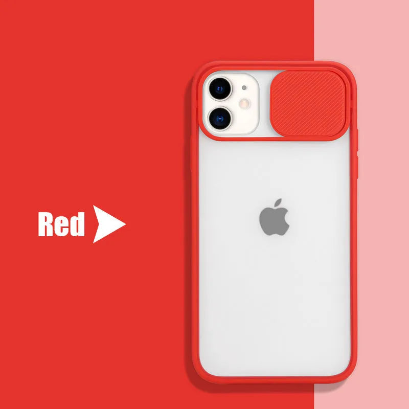 Slim silicone iPhone case with a frosted frame around the camera lens, shown in a choice of solid colours.