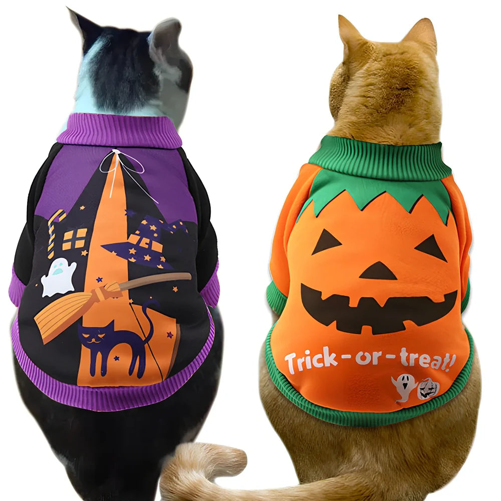 Purple and yellow Halloween pumpkin costume for cats and dogs with thermal lining and adjustable straps