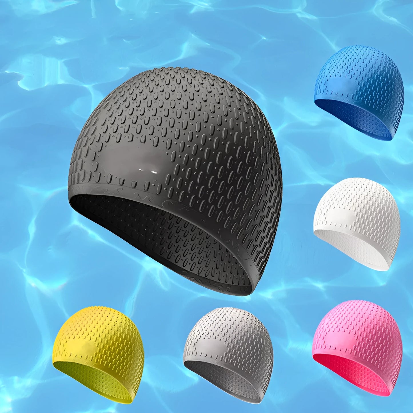 Silicone water drop swimming cap for adults shown in one of nine solid colours.