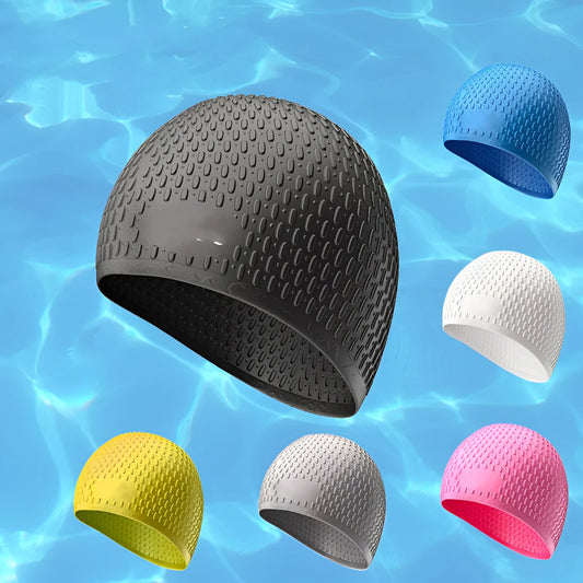 Silicone water drop swimming cap for adults shown in one of nine solid colours.