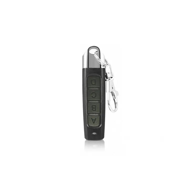 Rolling door remote control transmitter with compact black housing showing dimensions and control buttons