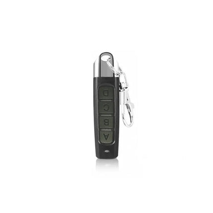 Rolling door remote control transmitter with compact black housing showing dimensions and control buttons
