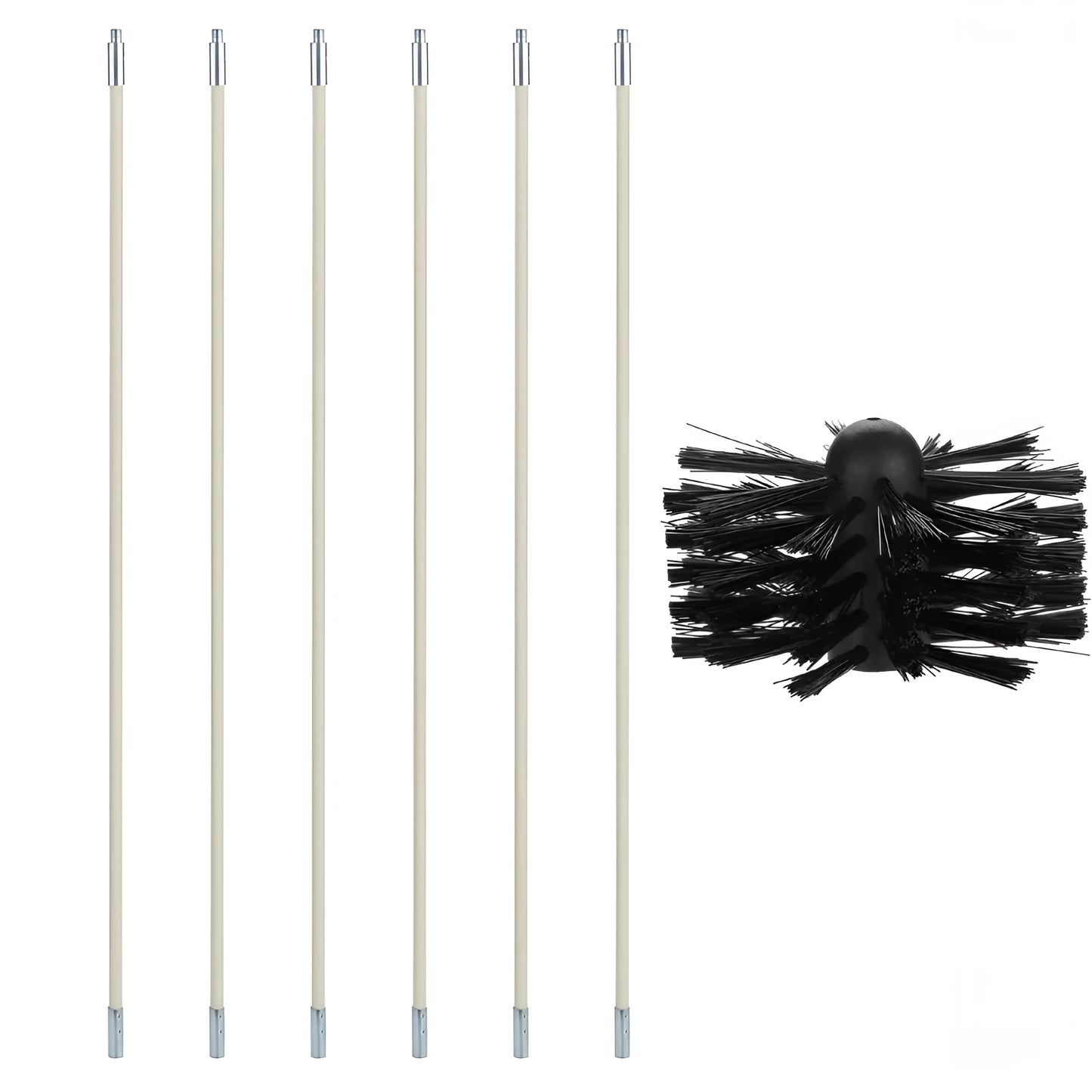 Flexible nylon brush for cleaning inside dryer pipes and range hood ducts, showing brush head and long pole