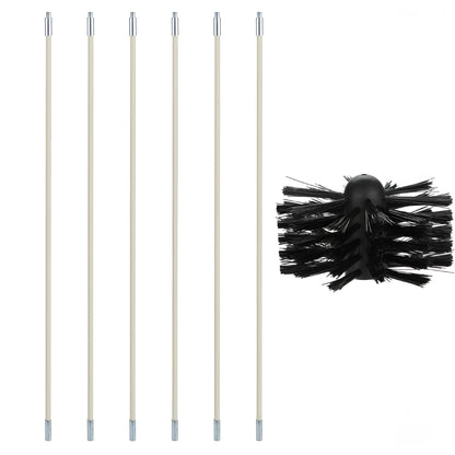 Flexible nylon brush for cleaning inside dryer pipes and range hood ducts, showing brush head and long pole