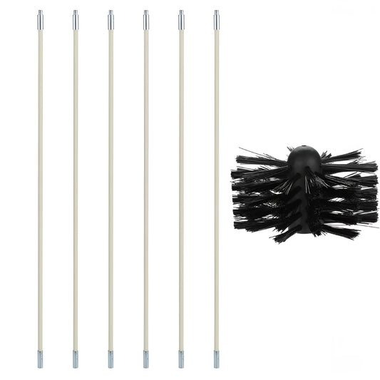 Flexible nylon brush for cleaning inside dryer pipes and range hood ducts, showing brush head and long pole