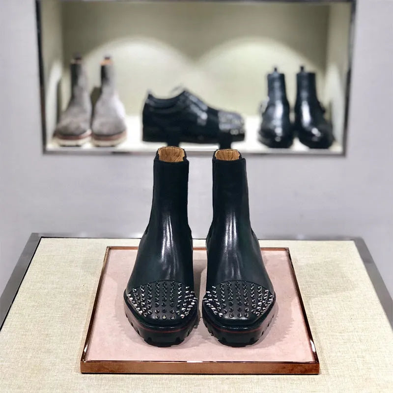 High-top leather business shoes in black with cowhide upper and leather sole, showing ankle coverage and structured design