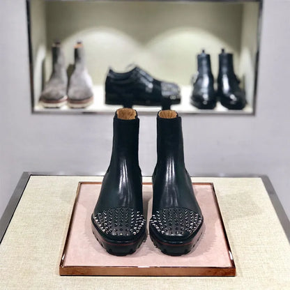 High-top leather business shoes in black with cowhide upper and leather sole, showing ankle coverage and structured design
