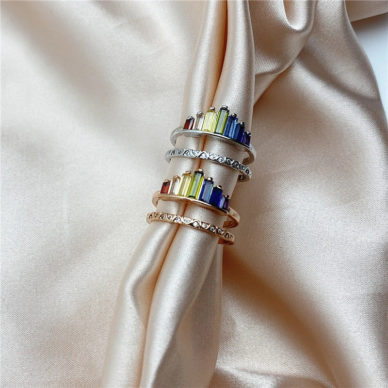 Stylish Rainbow Micro Diamond Ring with geometric design and vibrant colors