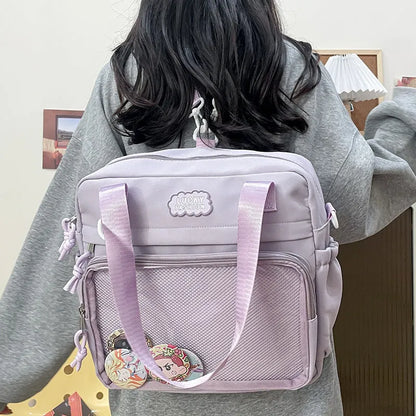 Large capacity nylon shoulder bag for women, 31 x 31 x 9cm, casual contrast colour design with lace-up detail.