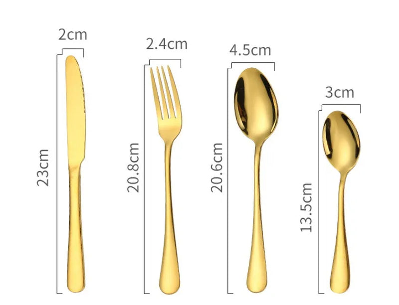 24-piece stainless steel tableware set featuring knives, forks, table spoons, and tea spoons in a choice of six colours including gold, rose gold, and black, presented as a complete one-piece moulded service.