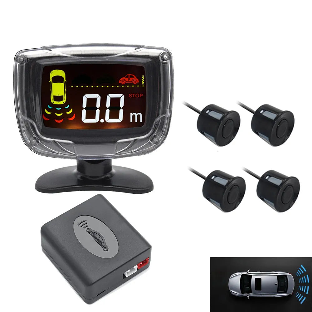 Black wireless vehicle reversing sensor system with LED display unit and four round probes.