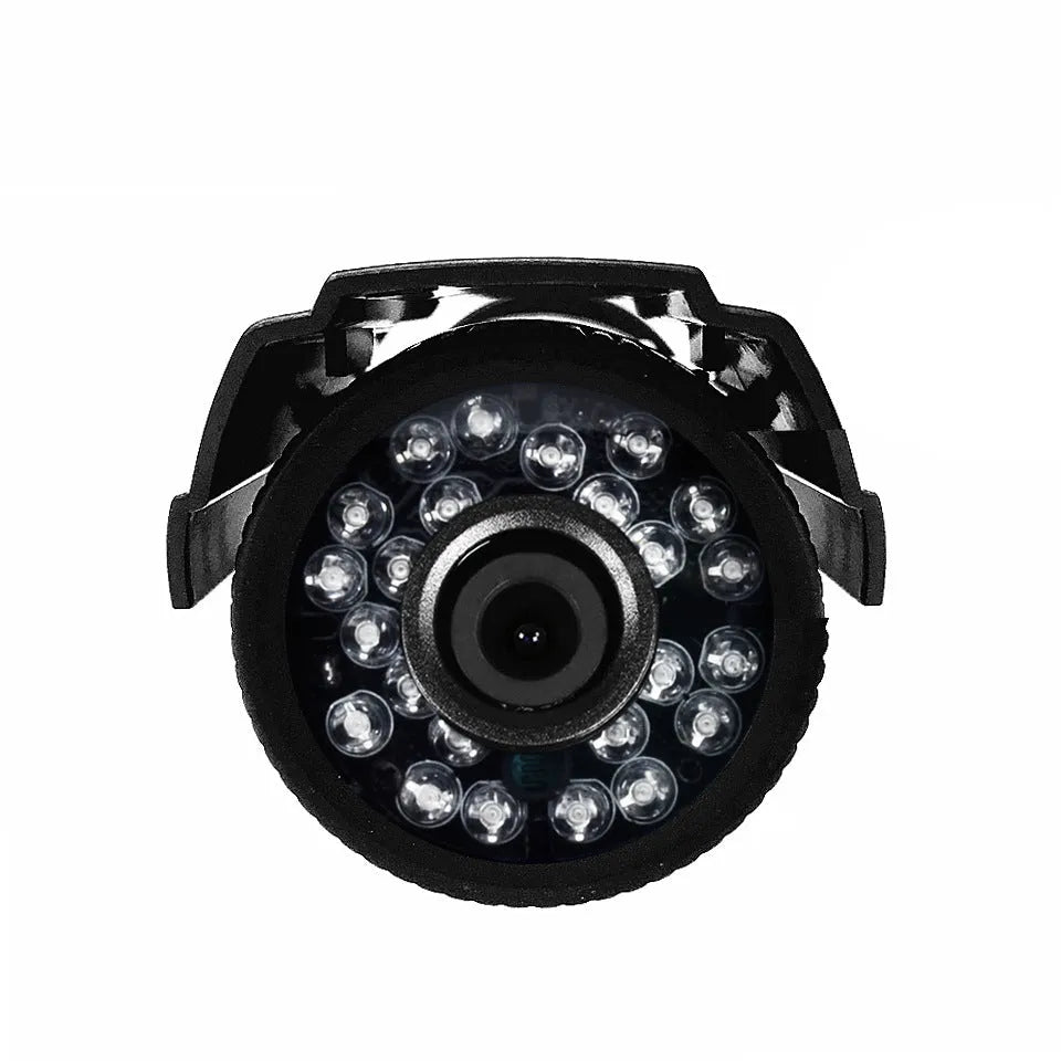 AHD HD waterproof surveillance camera with black ABS plastic shell, fixed lens, and infrared night vision for 30m range