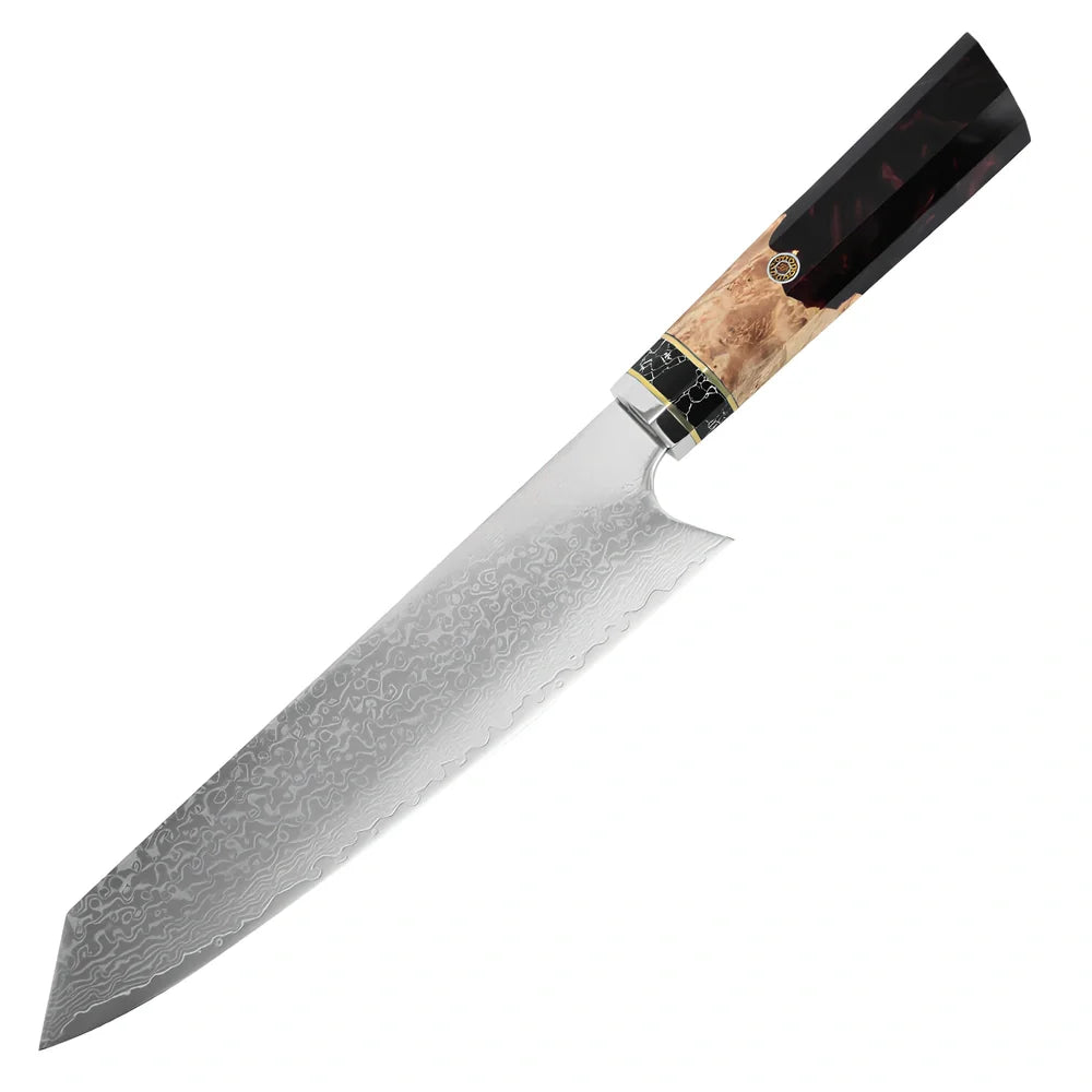 Stainless steel chef knife with 20cm blade and resin handle featuring turquoise stone inlays