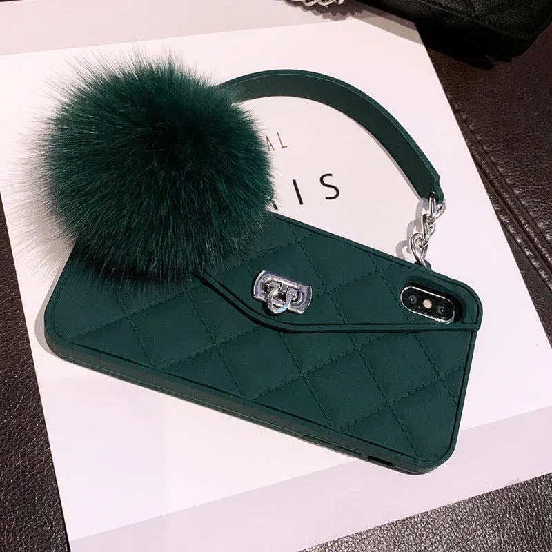 Hairball phone case with plush texture in grid pattern, available in dark green, black, and ash colours