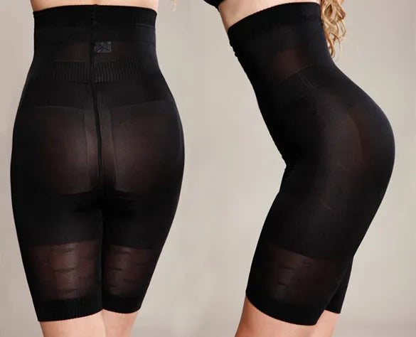 Women's seamless high-waist shapewear shorts in black and nude colours showing tummy control design