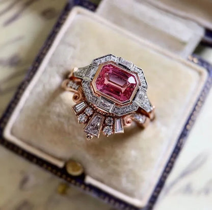 Rose gold geometric women's fashion ring with retro style design shown on finger