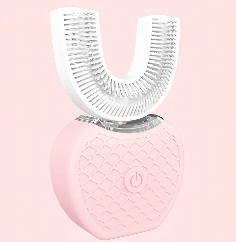 Black ultrasonic electric toothbrush with U-shaped design showing magnetic charging base and USB cable