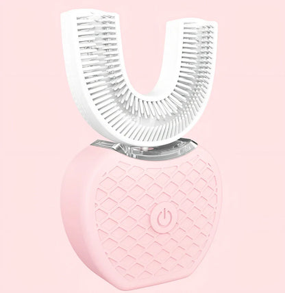 Black ultrasonic electric toothbrush with U-shaped design showing magnetic charging base and USB cable