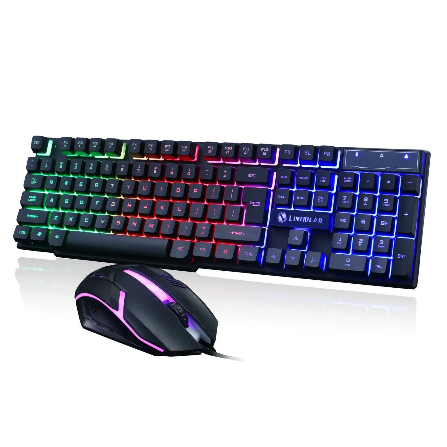 Limei Gtx300 keyboard and mouse set in black with orange glow backlight on desktop