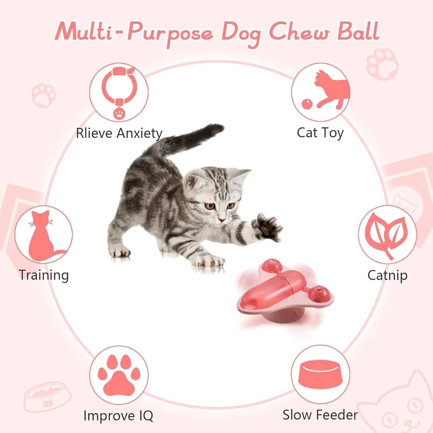 Blue interactive pet puzzle toy with bell, catnip, and snack cabin on a floor.