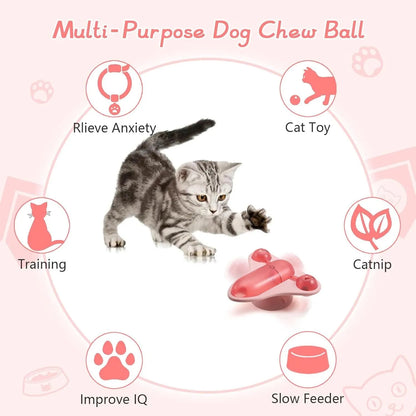Blue interactive pet puzzle toy with bell, catnip, and snack cabin on a floor.