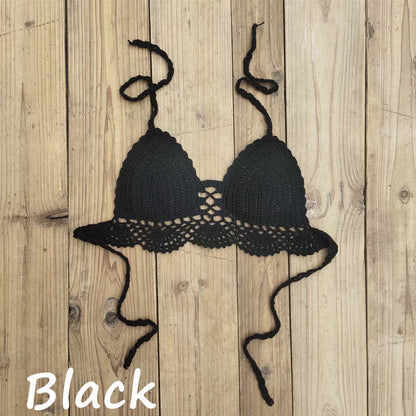 Boho crochet bra in various colors with backless design and chest pad