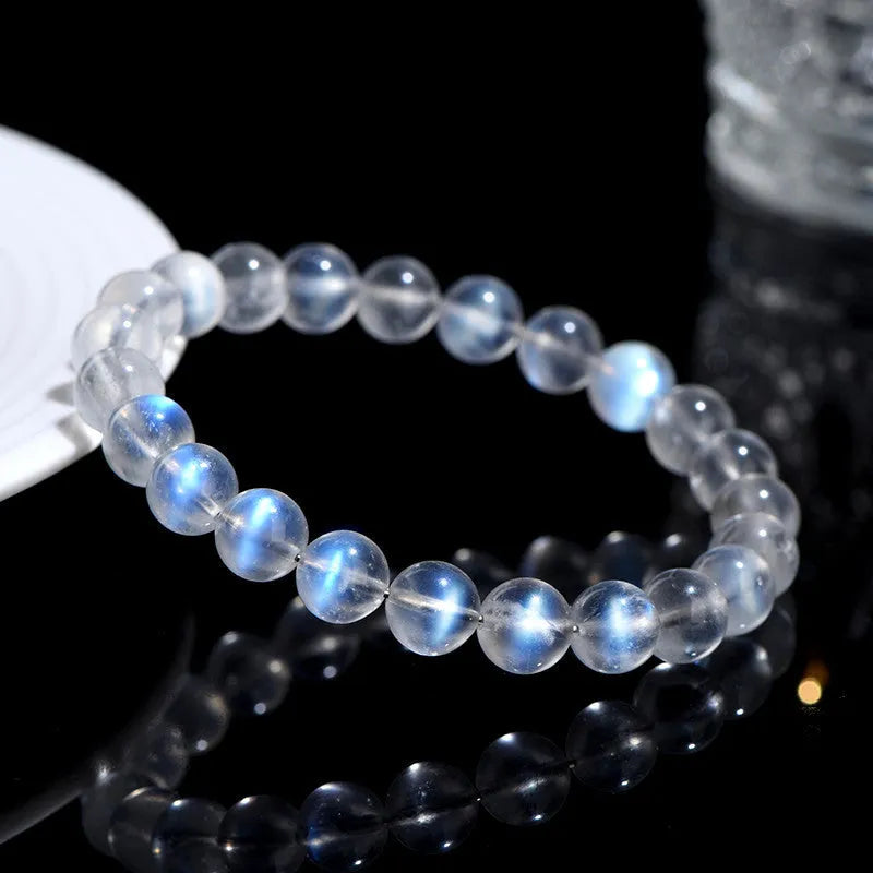 Natural cream body blue moonlight crystal bracelet with grinding texture, unisex design, sizes 4mm to 10mm