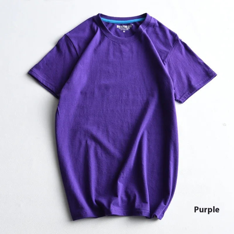Men's solid colour cotton round neck T-shirt on a hanger, short sleeve casual style.
