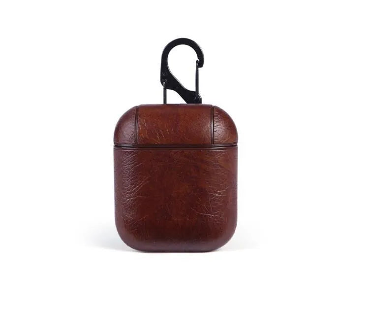 Genuine leather AirPods protective case in black with visible charging cable storage pocket