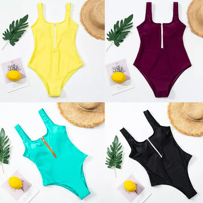 Ladies one-piece swimsuit with front zipper and printed design in various colors