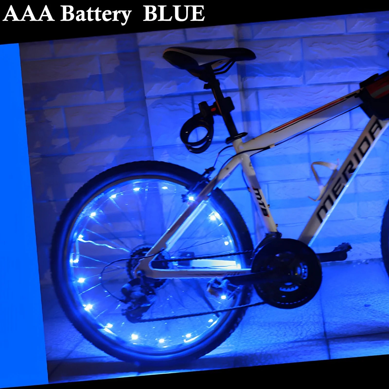 Mountain bike spoke light with 2200mm LED strip and 35mm black housing between spokes