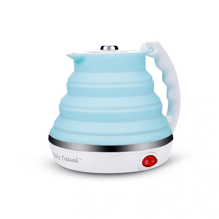 Foldable Electric Kettle in white, blue, and pink colors with UK, US, and EU plugs