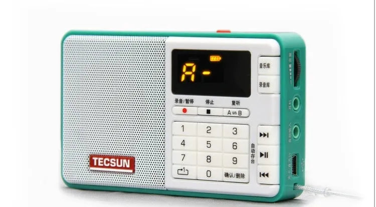 Tecsun Q3 portable digital audio player with FM radio in multiple colour choices on a white background