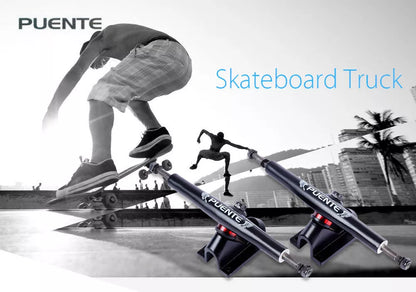 Puente skateboard bracket in black and white, alloy construction for durability