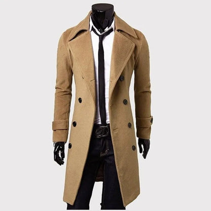 Men's double-breasted trench coat with lapel collar in black, camel or dark grey, lightweight 0.75kg, sizes M to XXXL.