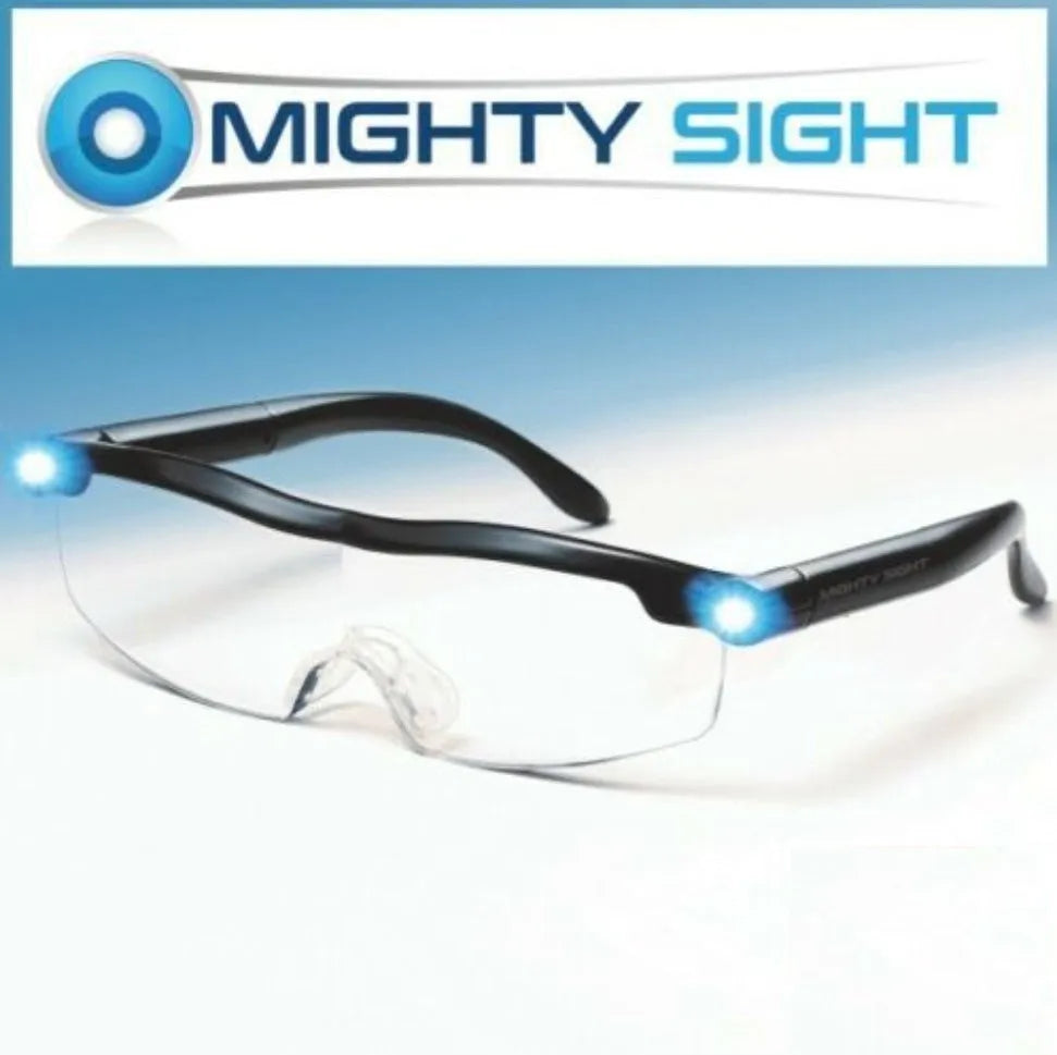 Transparent black USB LED reading glasses with integrated light on frame.