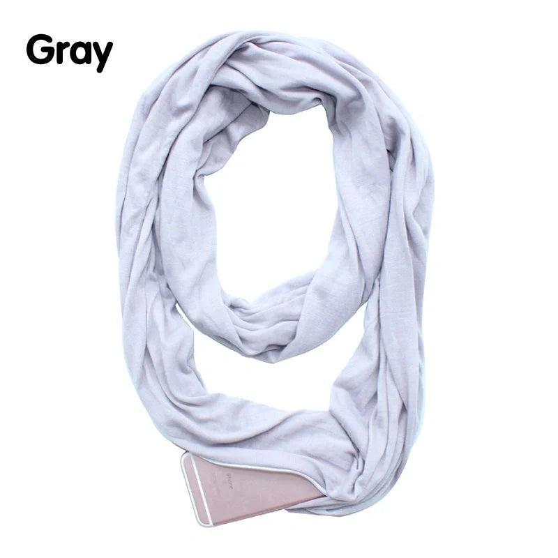 Versatile zipper infinity scarf with hidden pocket, made of soft polyester fabric in classic colors like black, gray, and white.