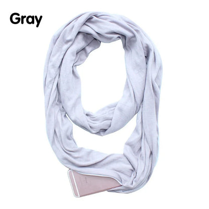 Versatile zipper infinity scarf with hidden pocket, made of soft polyester fabric in classic colors like black, gray, and white.