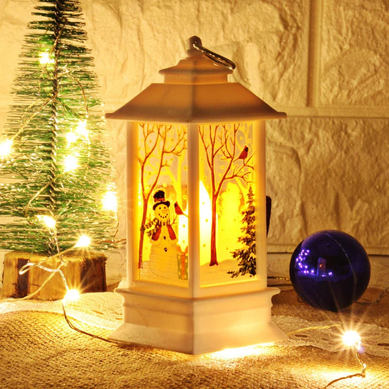 Festive LED Christmas lanterns with Santa Claus, snowman, and other holiday-themed designs