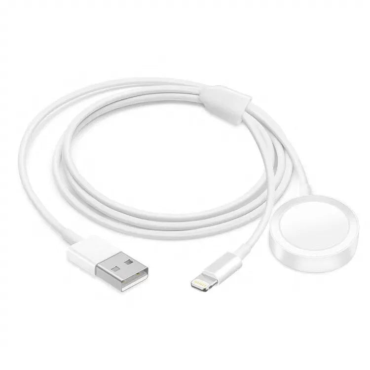 White two-in-one wireless watch charger with USB cable connector