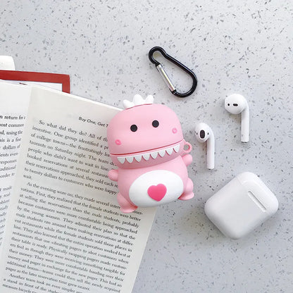 Green silicone AirPods case with a cartoon animal print, showing charging port cutout.