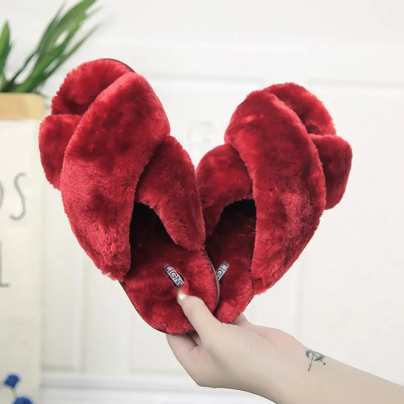 Cross open-toe fur slippers with non-slip patterned soles in black, dark grey, green, pink, red, or yellow