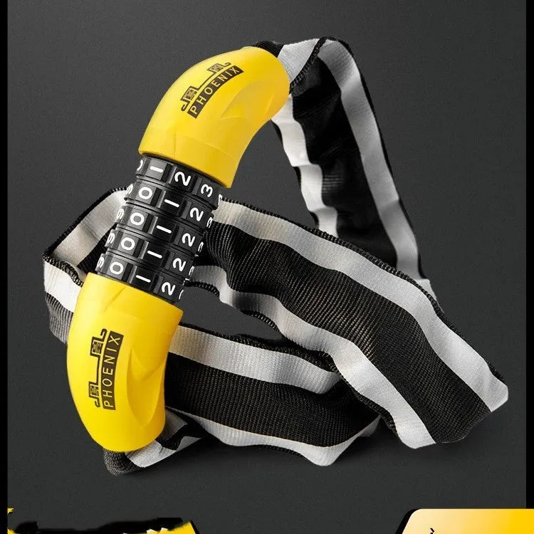 95cm black zinc alloy bicycle chain lock with anti-hydraulic shear protection shown securing a mountain bike