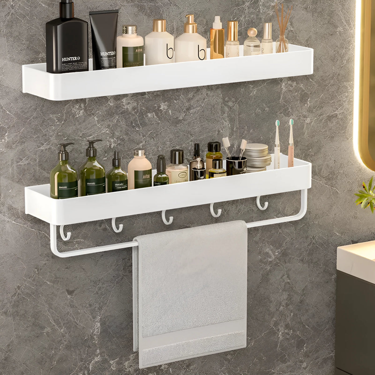 White 30cm aluminium alloy bathroom storage rack with punch-free or drilled wall hanging fitting and single layer
