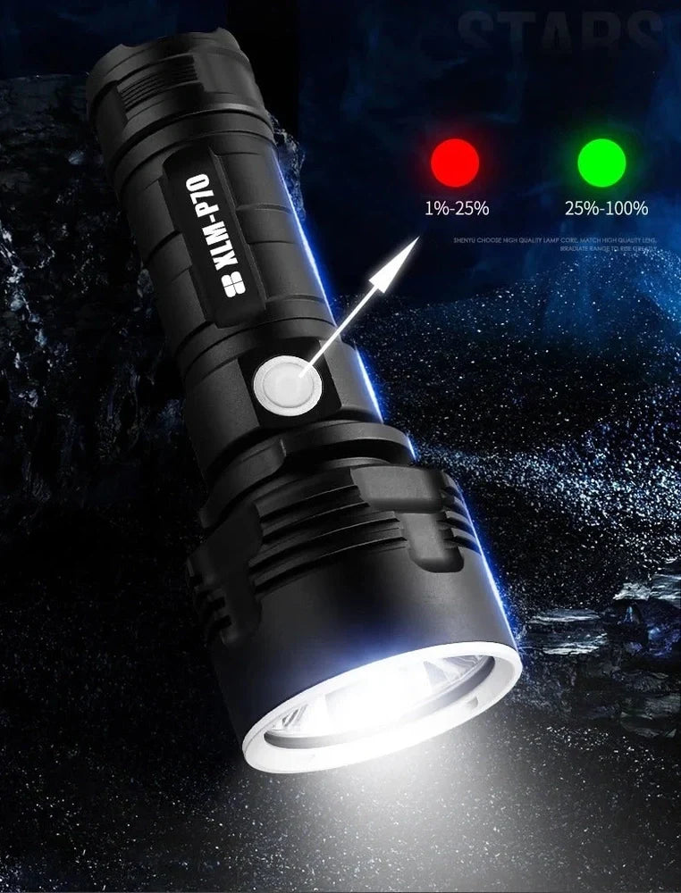 Aluminium alloy LED flashlight with 200-500m beam range and rechargeable battery system