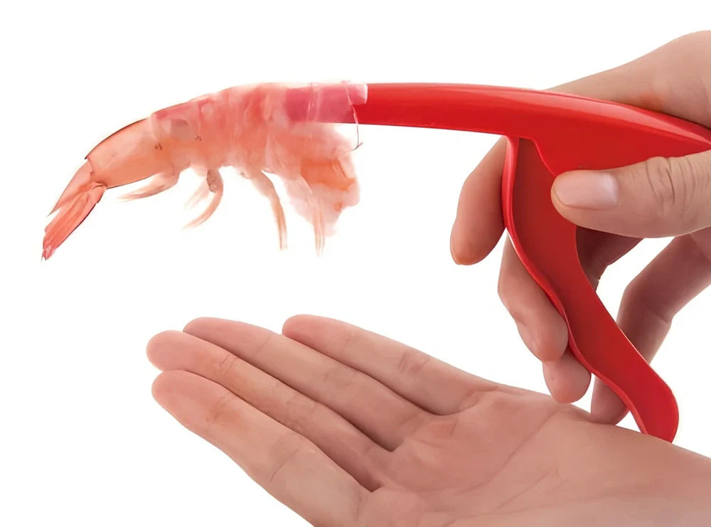 Stainless steel shrimp peeler with 21cm length and ergonomic handle for shell removal