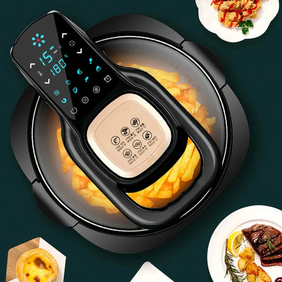 Green air fryer with touch controls measuring 335x325x295mm with 6-litre capacity
