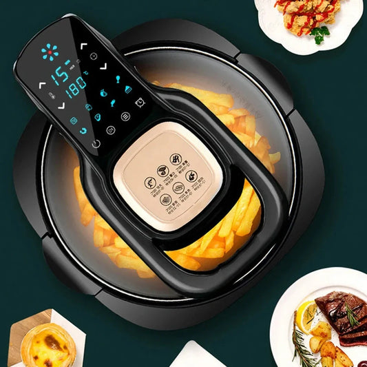 Green air fryer with touch controls measuring 335x325x295mm with 6-litre capacity