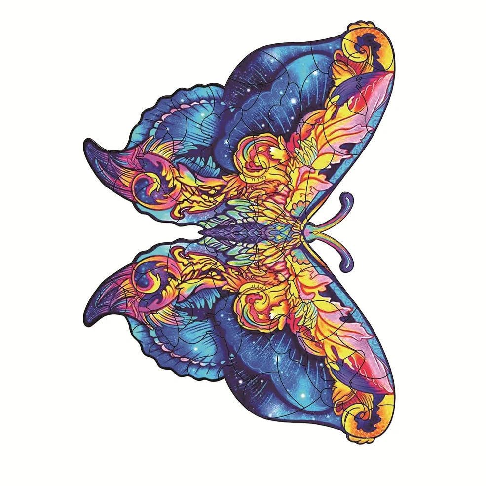 Wooden jigsaw puzzle with colourful elephant and turtle shaped pieces in A3, A4, A5 sizes